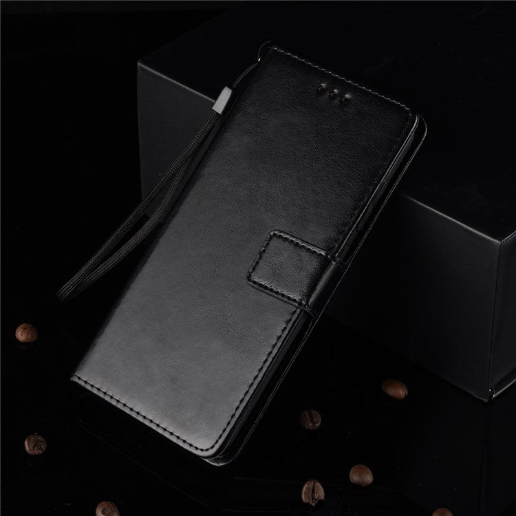 Crazy Horse Texture PU Leather Wallet Flip Folio Stand Phone Cover Magnetic Anti-Scratch Case with Wrist Strap for Motorola Moto E20/E30/E40 - Black