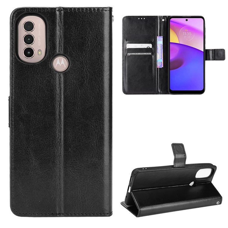 Crazy Horse Texture PU Leather Wallet Flip Folio Stand Phone Cover Magnetic Anti-Scratch Case with Wrist Strap for Motorola Moto E20/E30/E40 - Black