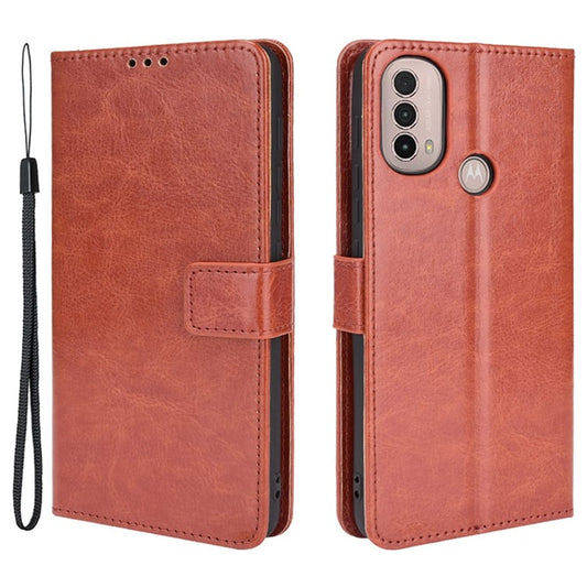 Crazy Horse Texture PU Leather Wallet Flip Folio Stand Phone Cover Magnetic Anti-Scratch Case with Wrist Strap for Motorola Moto E20/E30/E40 - Brown