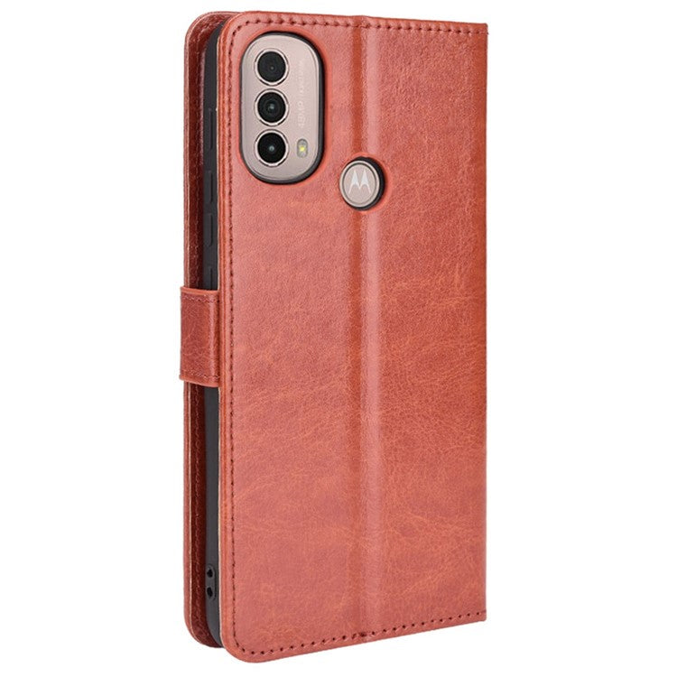 Crazy Horse Texture PU Leather Wallet Flip Folio Stand Phone Cover Magnetic Anti-Scratch Case with Wrist Strap for Motorola Moto E20/E30/E40 - Brown