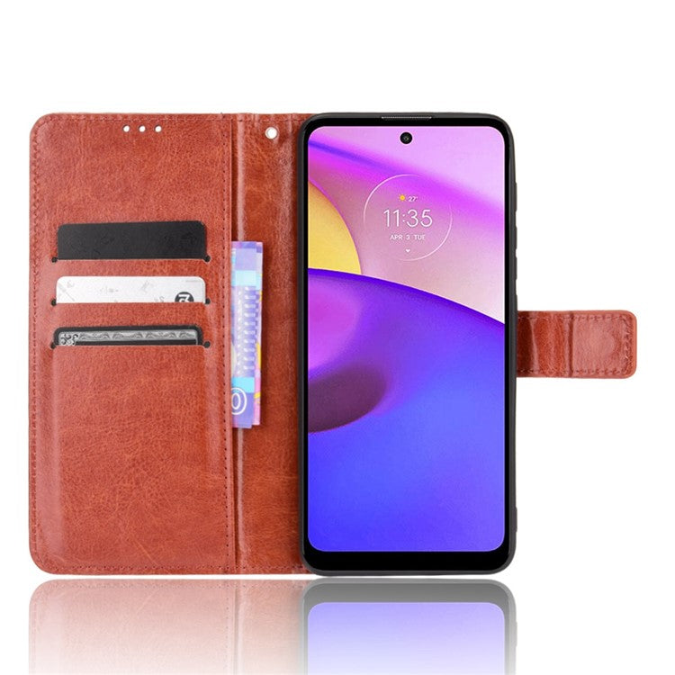 Crazy Horse Texture PU Leather Wallet Flip Folio Stand Phone Cover Magnetic Anti-Scratch Case with Wrist Strap for Motorola Moto E20/E30/E40 - Brown