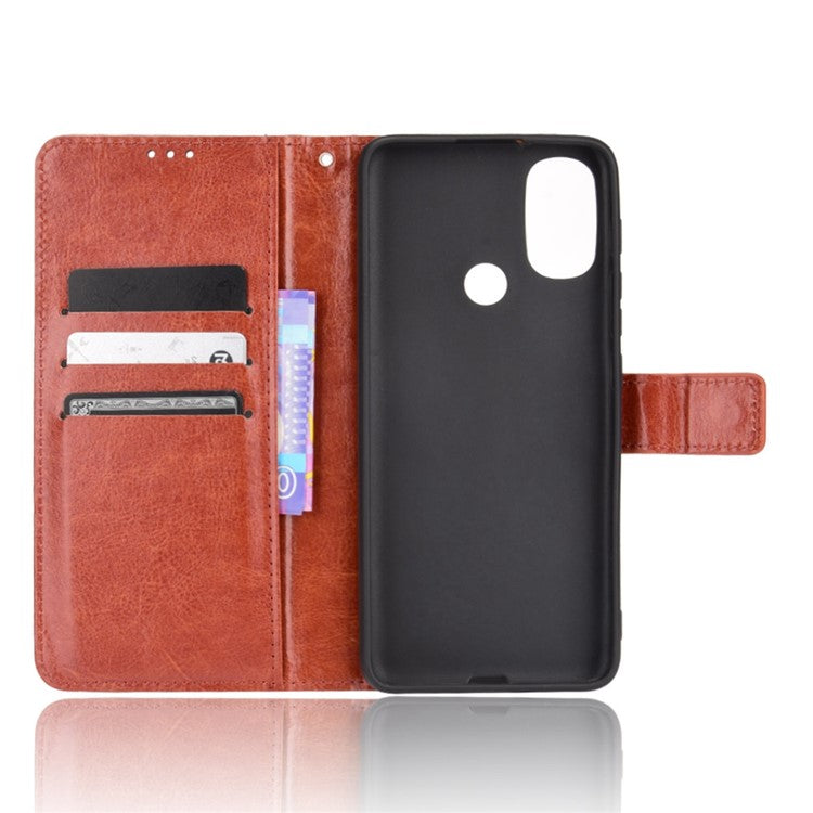 Crazy Horse Texture PU Leather Wallet Flip Folio Stand Phone Cover Magnetic Anti-Scratch Case with Wrist Strap for Motorola Moto E20/E30/E40 - Brown