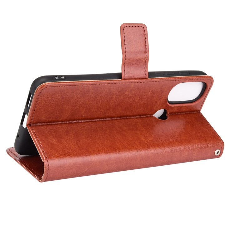 Crazy Horse Texture PU Leather Wallet Flip Folio Stand Phone Cover Magnetic Anti-Scratch Case with Wrist Strap for Motorola Moto E20/E30/E40 - Brown