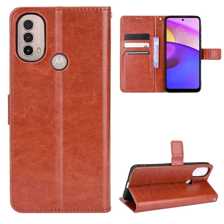 Crazy Horse Texture PU Leather Wallet Flip Folio Stand Phone Cover Magnetic Anti-Scratch Case with Wrist Strap for Motorola Moto E20/E30/E40 - Brown