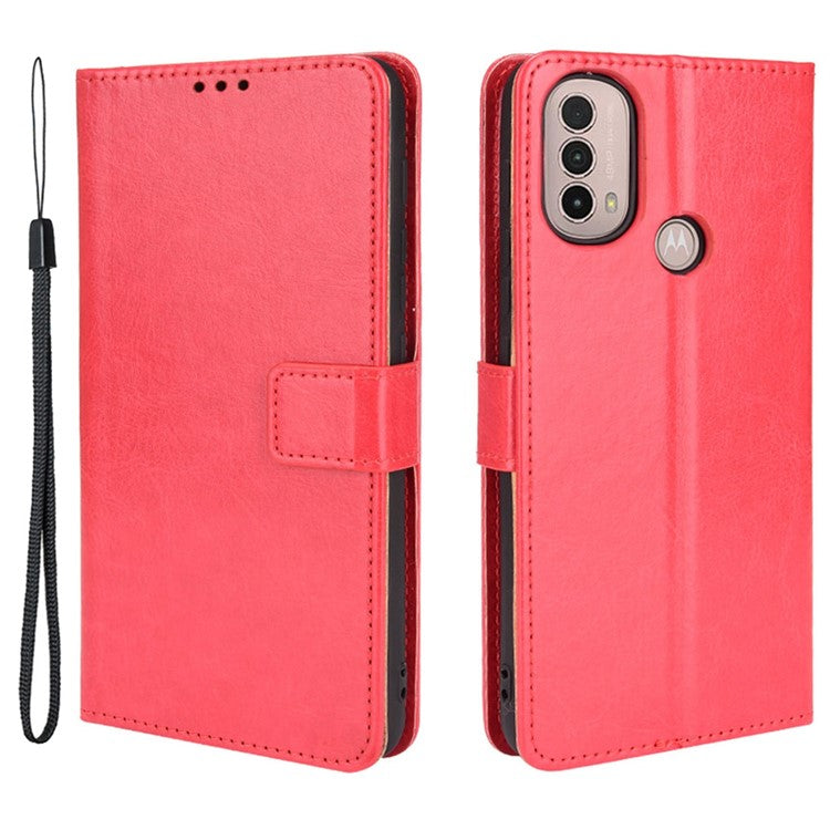 Crazy Horse Texture PU Leather Wallet Flip Folio Stand Phone Cover Magnetic Anti-Scratch Case with Wrist Strap for Motorola Moto E20/E30/E40 - Red