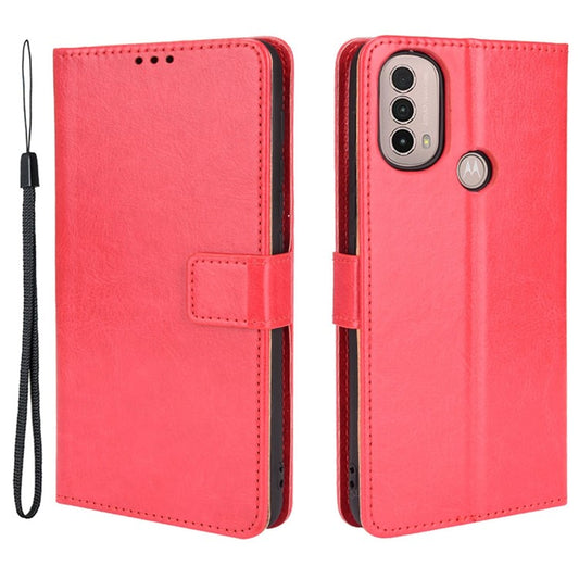 Crazy Horse Texture PU Leather Wallet Flip Folio Stand Phone Cover Magnetic Anti-Scratch Case with Wrist Strap for Motorola Moto E20/E30/E40 - Red