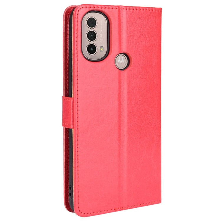Crazy Horse Texture PU Leather Wallet Flip Folio Stand Phone Cover Magnetic Anti-Scratch Case with Wrist Strap for Motorola Moto E20/E30/E40 - Red