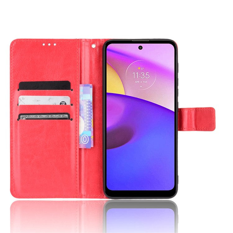 Crazy Horse Texture PU Leather Wallet Flip Folio Stand Phone Cover Magnetic Anti-Scratch Case with Wrist Strap for Motorola Moto E20/E30/E40 - Red
