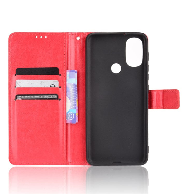 Crazy Horse Texture PU Leather Wallet Flip Folio Stand Phone Cover Magnetic Anti-Scratch Case with Wrist Strap for Motorola Moto E20/E30/E40 - Red