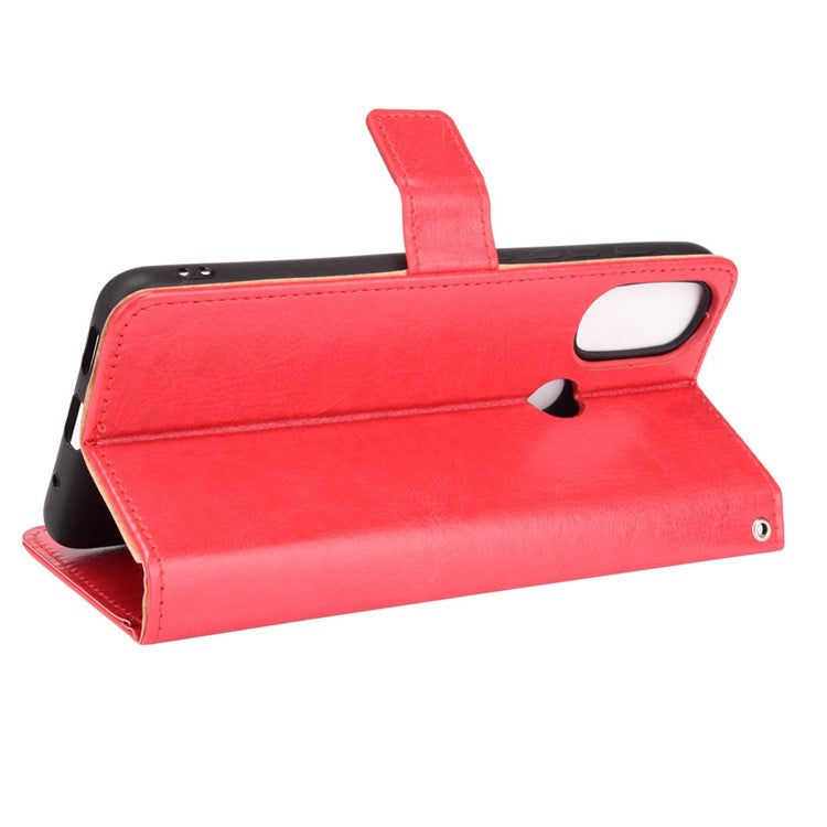 Crazy Horse Texture PU Leather Wallet Flip Folio Stand Phone Cover Magnetic Anti-Scratch Case with Wrist Strap for Motorola Moto E20/E30/E40 - Red