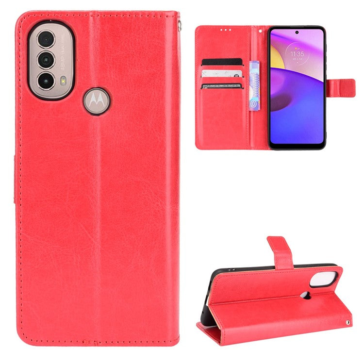 Crazy Horse Texture PU Leather Wallet Flip Folio Stand Phone Cover Magnetic Anti-Scratch Case with Wrist Strap for Motorola Moto E20/E30/E40 - Red