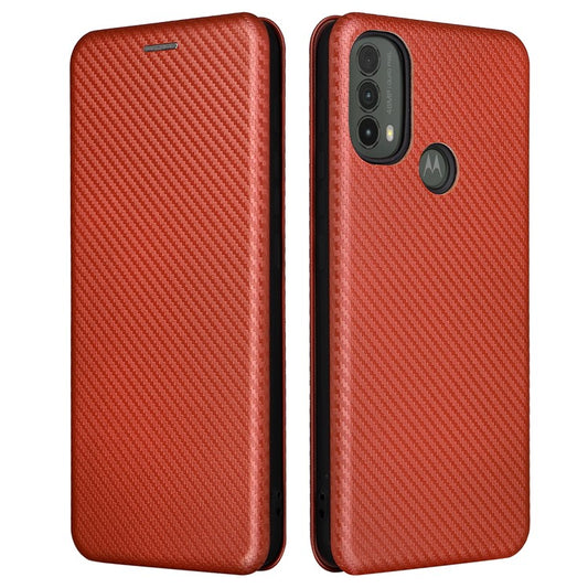 Carbon Fiber Texture PU Leather Drop-proof Magnetic Auto Closing Stand Case with Card Slot and Ring Strap for Motorola Moto E30/E40 - Orange