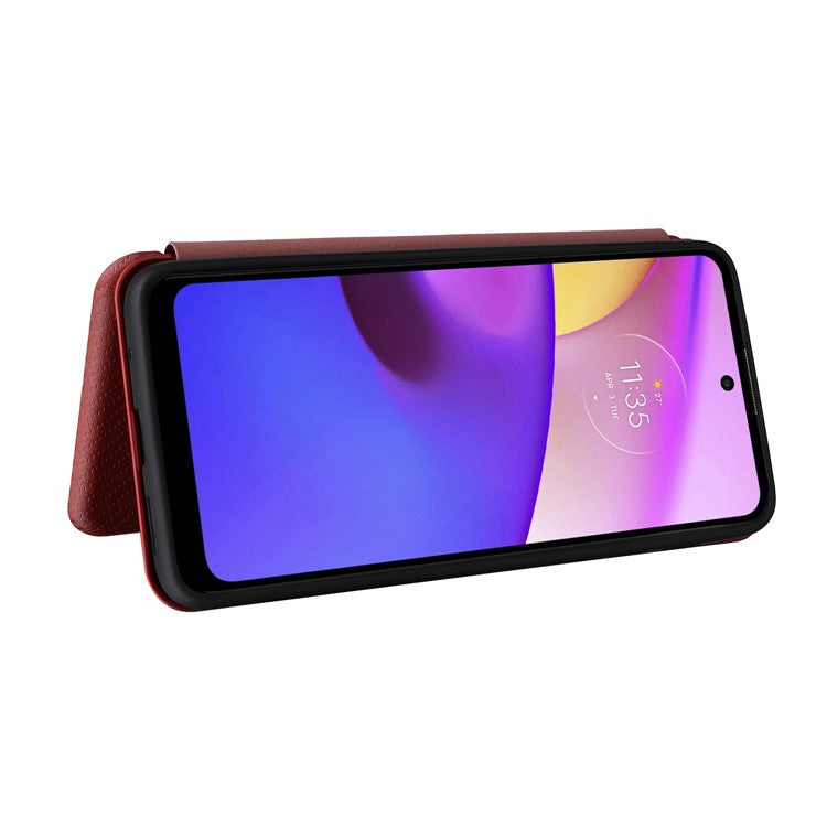 Carbon Fiber Texture PU Leather Drop-proof Magnetic Auto Closing Stand Case with Card Slot and Ring Strap for Motorola Moto E30/E40 - Orange