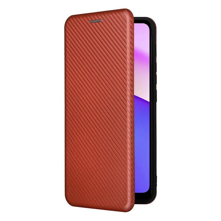 Carbon Fiber Texture PU Leather Drop-proof Magnetic Auto Closing Stand Case with Card Slot and Ring Strap for Motorola Moto E30/E40 - Orange