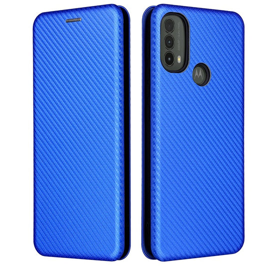 Carbon Fiber Texture PU Leather Drop-proof Magnetic Auto Closing Stand Case with Card Slot and Ring Strap for Motorola Moto E30/E40 - Blue