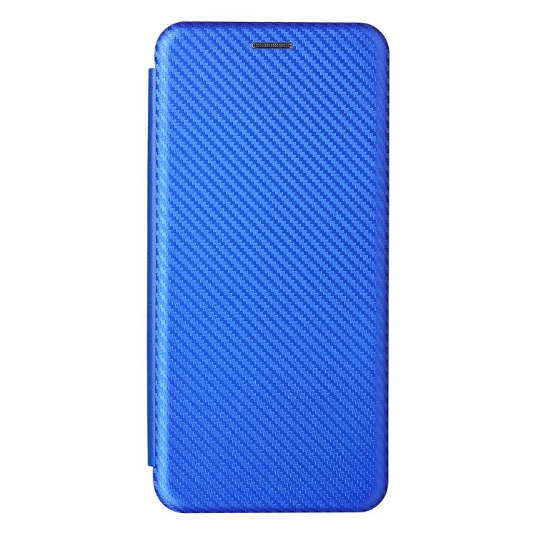 Carbon Fiber Texture PU Leather Drop-proof Magnetic Auto Closing Stand Case with Card Slot and Ring Strap for Motorola Moto E30/E40 - Blue