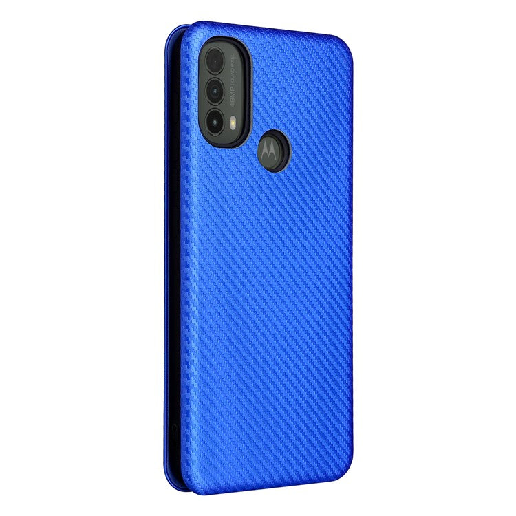 Carbon Fiber Texture PU Leather Drop-proof Magnetic Auto Closing Stand Case with Card Slot and Ring Strap for Motorola Moto E30/E40 - Blue