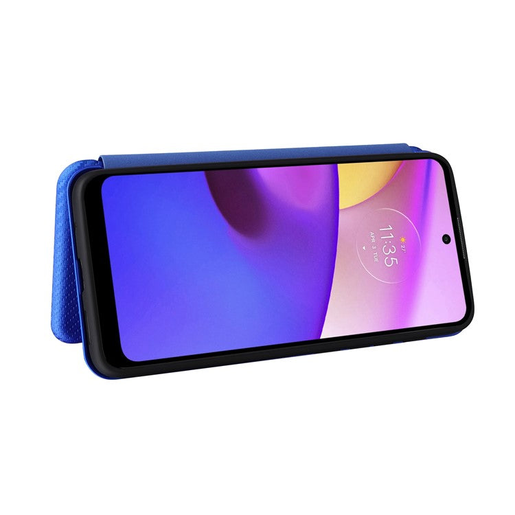 Carbon Fiber Texture PU Leather Drop-proof Magnetic Auto Closing Stand Case with Card Slot and Ring Strap for Motorola Moto E30/E40 - Blue