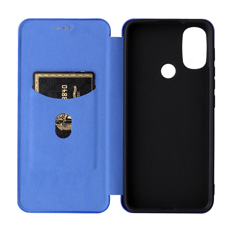 Carbon Fiber Texture PU Leather Drop-proof Magnetic Auto Closing Stand Case with Card Slot and Ring Strap for Motorola Moto E30/E40 - Blue