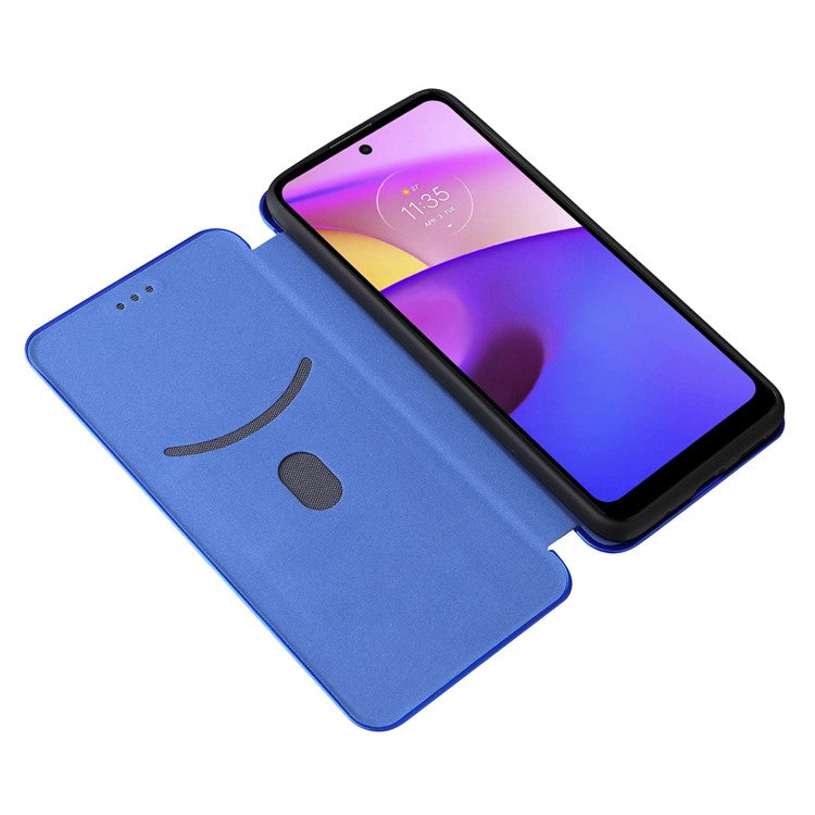 Carbon Fiber Texture PU Leather Drop-proof Magnetic Auto Closing Stand Case with Card Slot and Ring Strap for Motorola Moto E30/E40 - Blue