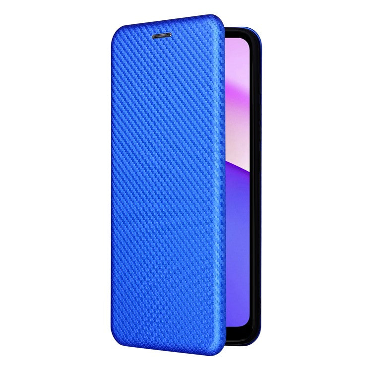 Carbon Fiber Texture PU Leather Drop-proof Magnetic Auto Closing Stand Case with Card Slot and Ring Strap for Motorola Moto E30/E40 - Blue