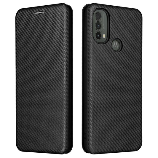 Carbon Fiber Texture PU Leather Drop-proof Magnetic Auto Closing Stand Case with Card Slot and Ring Strap for Motorola Moto E30/E40 - Black