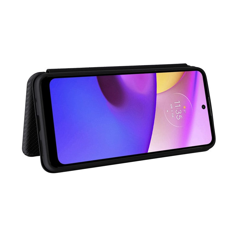 Carbon Fiber Texture PU Leather Drop-proof Magnetic Auto Closing Stand Case with Card Slot and Ring Strap for Motorola Moto E30/E40 - Black