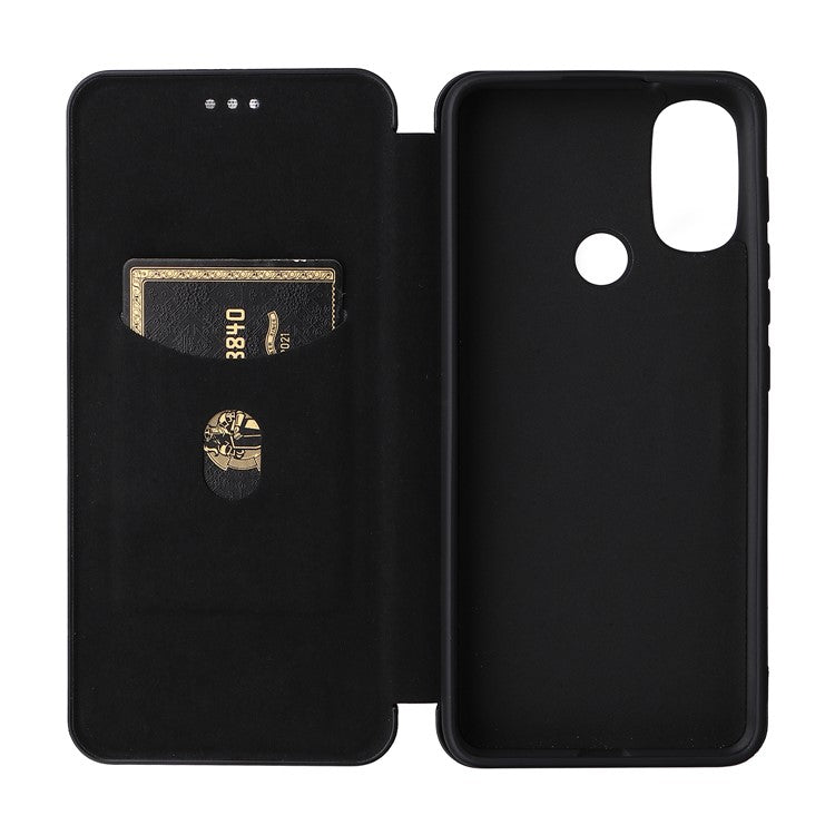 Carbon Fiber Texture PU Leather Drop-proof Magnetic Auto Closing Stand Case with Card Slot and Ring Strap for Motorola Moto E30/E40 - Black