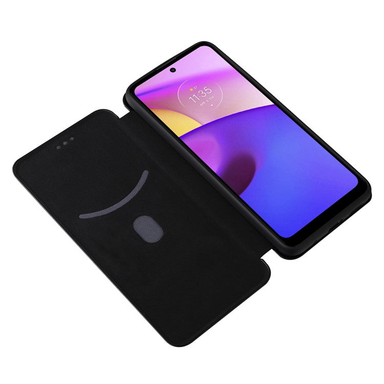 Carbon Fiber Texture PU Leather Drop-proof Magnetic Auto Closing Stand Case with Card Slot and Ring Strap for Motorola Moto E30/E40 - Black
