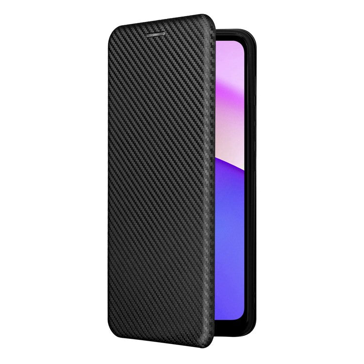 Carbon Fiber Texture PU Leather Drop-proof Magnetic Auto Closing Stand Case with Card Slot and Ring Strap for Motorola Moto E30/E40 - Black