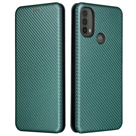 Carbon Fiber Texture PU Leather Drop-proof Magnetic Auto Closing Stand Case with Card Slot and Ring Strap for Motorola Moto E30/E40 - Green