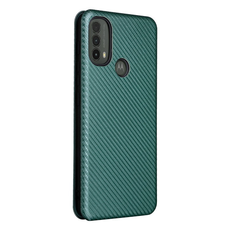 Carbon Fiber Texture PU Leather Drop-proof Magnetic Auto Closing Stand Case with Card Slot and Ring Strap for Motorola Moto E30/E40 - Green