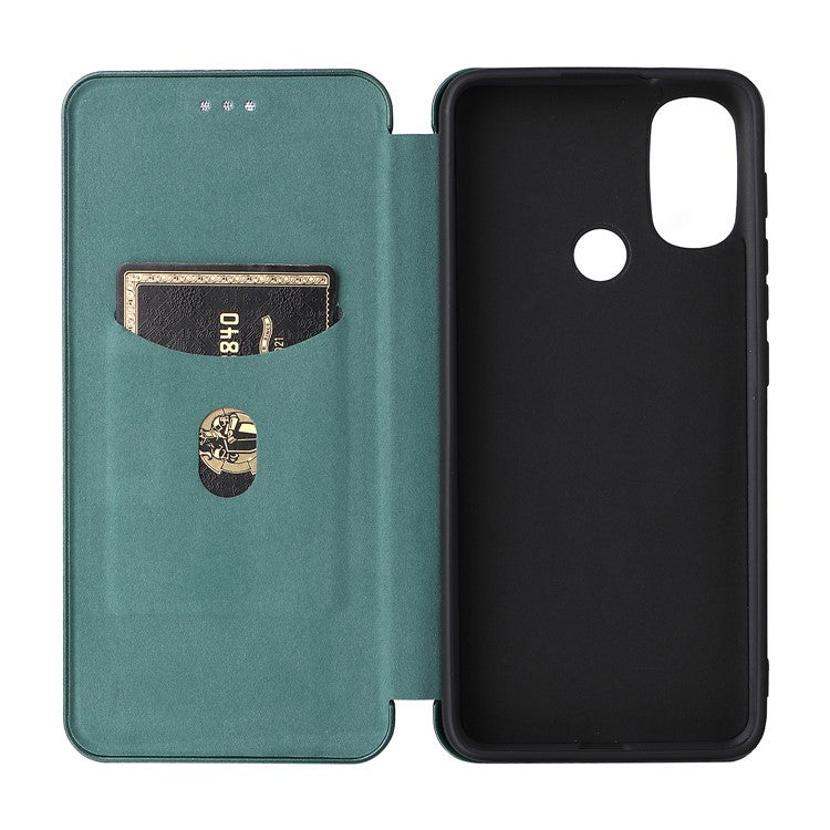 Carbon Fiber Texture PU Leather Drop-proof Magnetic Auto Closing Stand Case with Card Slot and Ring Strap for Motorola Moto E30/E40 - Green