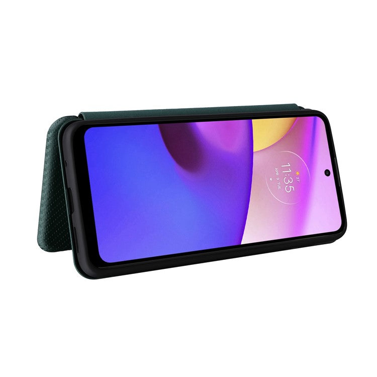 Carbon Fiber Texture PU Leather Drop-proof Magnetic Auto Closing Stand Case with Card Slot and Ring Strap for Motorola Moto E30/E40 - Green