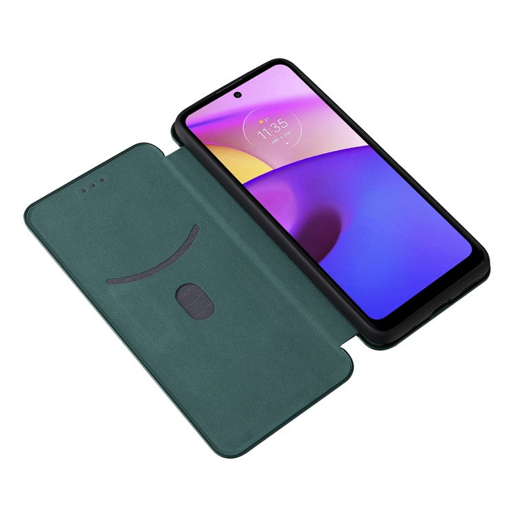 Carbon Fiber Texture PU Leather Drop-proof Magnetic Auto Closing Stand Case with Card Slot and Ring Strap for Motorola Moto E30/E40 - Green