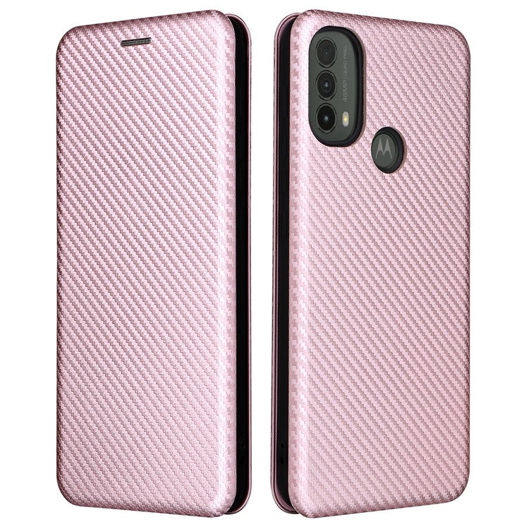 Carbon Fiber Texture PU Leather Drop-proof Magnetic Auto Closing Stand Case with Card Slot and Ring Strap for Motorola Moto E30/E40 - Rose Gold