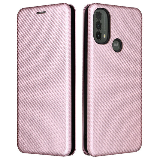 Carbon Fiber Texture PU Leather Drop-proof Magnetic Auto Closing Stand Case with Card Slot and Ring Strap for Motorola Moto E30/E40 - Rose Gold