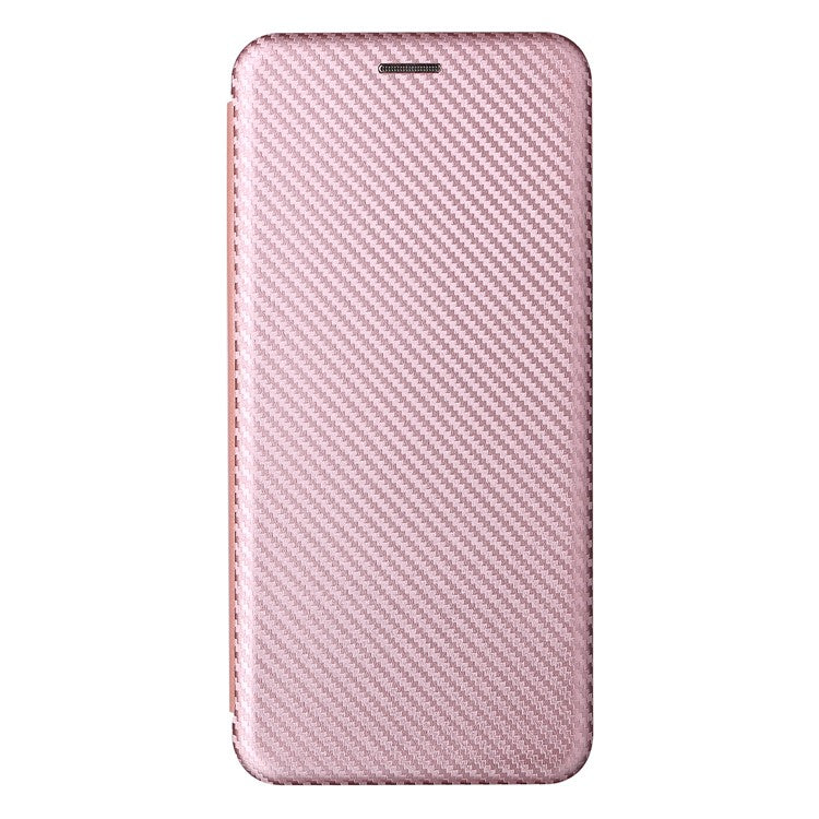 Carbon Fiber Texture PU Leather Drop-proof Magnetic Auto Closing Stand Case with Card Slot and Ring Strap for Motorola Moto E30/E40 - Rose Gold