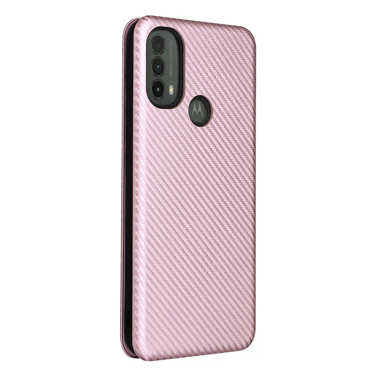 Carbon Fiber Texture PU Leather Drop-proof Magnetic Auto Closing Stand Case with Card Slot and Ring Strap for Motorola Moto E30/E40 - Rose Gold