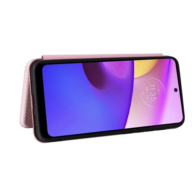 Carbon Fiber Texture PU Leather Drop-proof Magnetic Auto Closing Stand Case with Card Slot and Ring Strap for Motorola Moto E30/E40 - Rose Gold