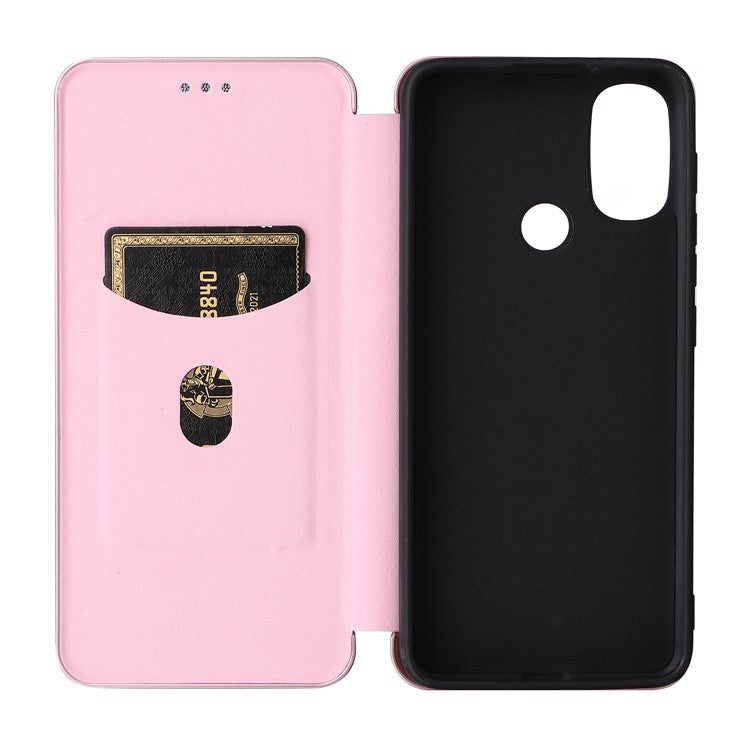 Carbon Fiber Texture PU Leather Drop-proof Magnetic Auto Closing Stand Case with Card Slot and Ring Strap for Motorola Moto E30/E40 - Rose Gold