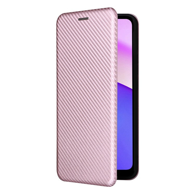 Carbon Fiber Texture PU Leather Drop-proof Magnetic Auto Closing Stand Case with Card Slot and Ring Strap for Motorola Moto E30/E40 - Rose Gold