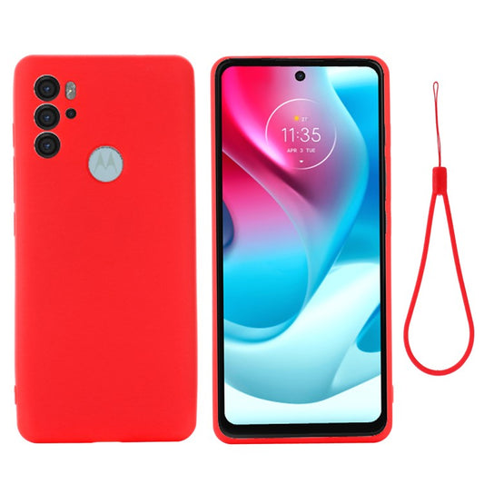 Anti-scratch Soft Liquid Silicone Phone Protective Case Cover with Wrist Strap for Motorola Moto G60S - Red