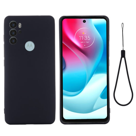 Anti-scratch Soft Liquid Silicone Phone Protective Case Cover with Wrist Strap for Motorola Moto G60S - Black