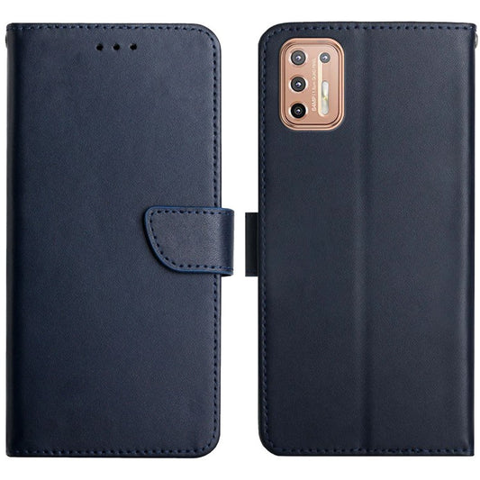 Nappa Texture Genuine Leather Wallet Folio Flip Protective Case with Hands-free Stand for Motorola Moto G9 Plus - Blue