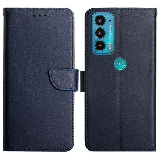 Nappa Texture Genuine Leather Multifunction Wallet Stand Fully Wrapped Protective Phone Case for Motorola Edge 20 - Blue