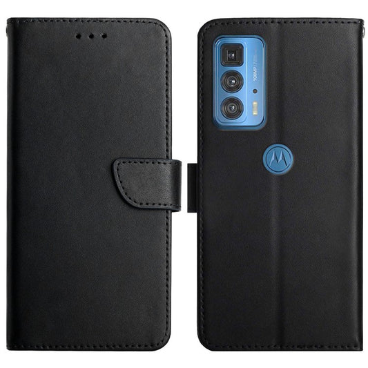 Solid Color Nappa Texture Genuine Leather Wallet Stand Protective Phone Case for Motorola Edge 20 Pro - Black