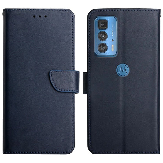Solid Color Nappa Texture Genuine Leather Wallet Stand Protective Phone Case for Motorola Edge 20 Pro - Blue
