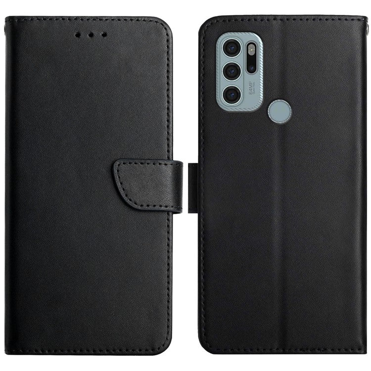 Scratch-proof Nappa Texture Genuine Leather Wallet Stand Protective Phone Case for Motorola Moto G60S - Black
