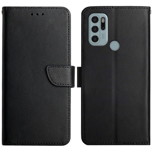 Scratch-proof Nappa Texture Genuine Leather Wallet Stand Protective Phone Case for Motorola Moto G60S - Black